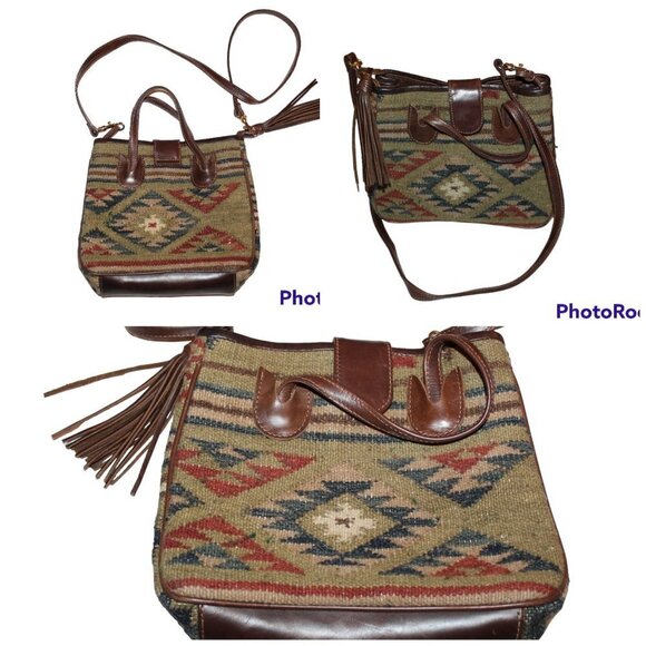 Woven Tapestry wool & leather shoulder bag Aztec print Southwest Crossbody purse - Picture 7 of 11